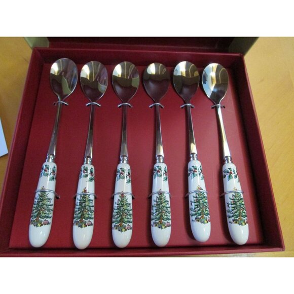 Spode Christmas Tree Teaspoons Ceramic Handle Six New In Box - Picture 3 of 12